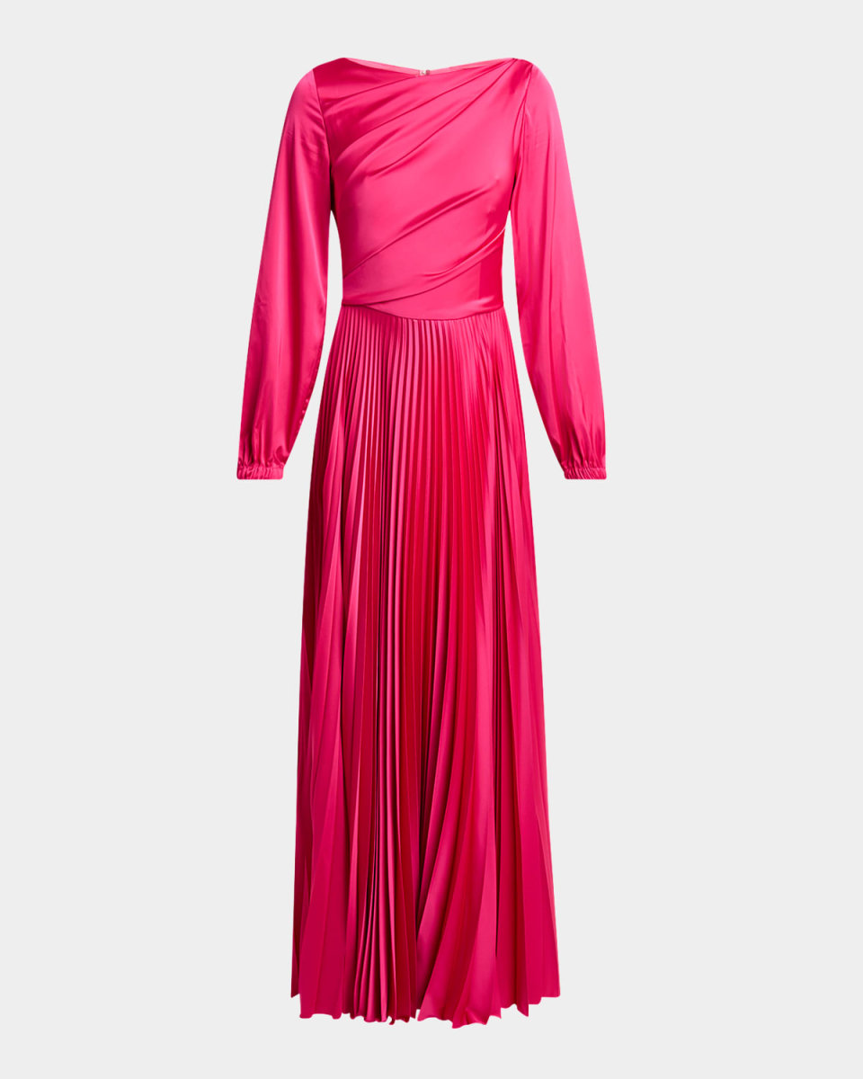 Pleated Voile Satin Long-Sleeve Gown